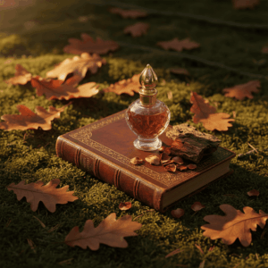 Still life evoking the world of chypre perfumes: vintage perfume bottle, old book, dried rose petals, patchouli bark, and autumn leaves on a forest floor. Golden light and a mysterious, elegant atmosphere echo the woody and musky tones of this olfactory family.