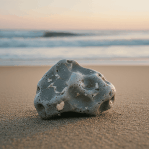 Foto eines Ambergris-Blocks am Strand bei Sonnenaufgang. Wachshaltige Textur, graue und beigefarbene Töne, natürliche und edle Atmosphäre.
