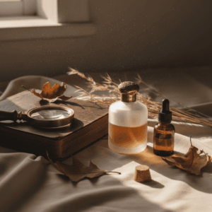 Vintage perfume bottle on beige fabric, with a weathered leather notebook, dried grasses, and an old magnifying glass in soft, golden light — evoking the sensuality and mystery of animalic musk.