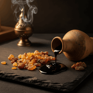 Photographie artistique de larmes d'encens, de myrrhe et de baume liquide sur fond sombre, illustrant les matières premières balsamiques et orientales en parfumerie.