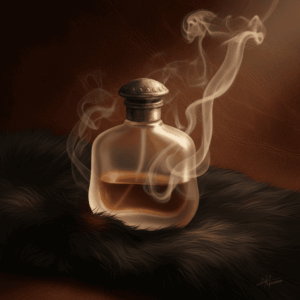 Flacon de parfum vintage posé sur une fourrure avec ambiance cuir et notes fumées, évoquant le castoréum.