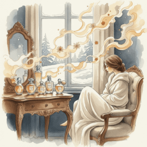 Elegant woman wrapped in a winter coat, enjoying the scent of her perfume in the snow