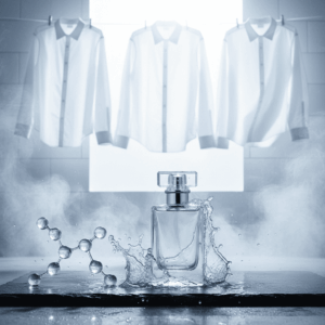 Dynamic and bright photography illustrating the New Freshness facet: a modern perfume bottle surrounded by steam, splashes of icy water, and immaculate white cotton shirts, evoking the smell of clean laundry, stepping out of the shower, and the Dihydromyrcenol molecule.