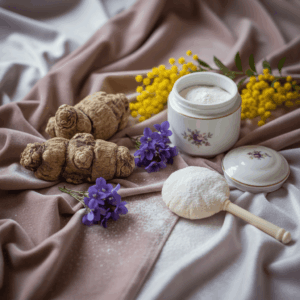 Elegant still life photography showing key ingredients of the powdery facet: dried iris rhizomes, violet flowers, mimosa branches, and an antique powder puff with rice powder on silk velvet.