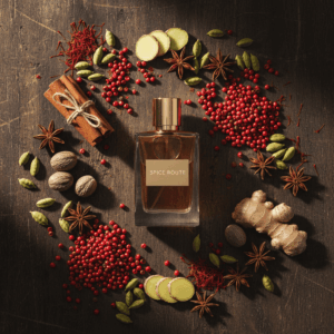 Artistic overhead photography showing key ingredients of the spicy family in perfumery: cinnamon sticks, pink pepper, cardamom, ginger, and star anise surrounding an amber perfume bottle.