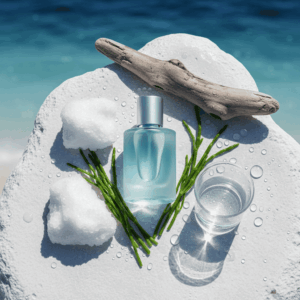 Artistic overhead photograph of a blue perfume bottle surrounded by sea salt, driftwood, and water droplets on a wet stone, illustrating the freshness of the marine olfactory family.