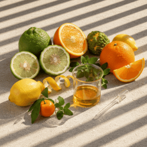 Bright overhead photograph showing a variety of fresh citrus fruits used in perfumery: bergamots, oranges, lemons, mandarins, and yuzu, mixed with zests, verbena leaves, and a bottle of essential oil on a sunny stone surface, illustrating the Hesperidic olfactory family.