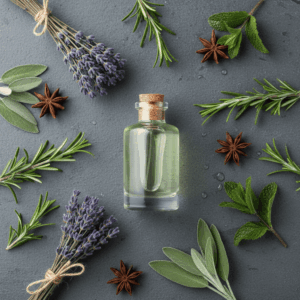 Artistic overhead photography showing key ingredients of the aromatic facet in perfumery: lavender, mint, rosemary, and star anise surrounding a perfume bottle, evoking vegetal freshness.