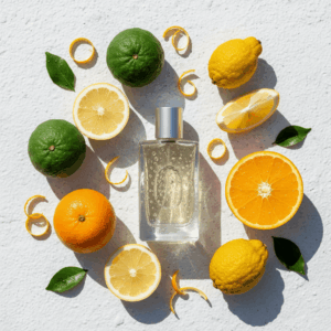 Bright overhead still life showing key ingredients of the hesperidic family: bergamots, lemons, oranges, and zests surrounding a fresh perfume bottle, illustrating citrus notes.