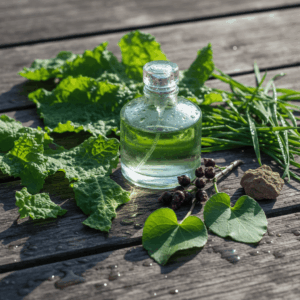 Macro still life photography of green facet ingredients in perfumery: crushed galbanum leaves, blackcurrant buds, cut grass, and violet leaves surrounding a perfume bottle, illustrating vegetal freshness.