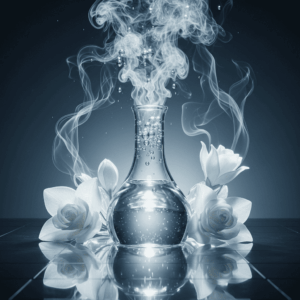 Conceptual artistic photography of a laboratory flask surrounded by silver bubbles and steam, illustrating the metallic freshness and 'clean' effect of aldehydic notes in perfumery.