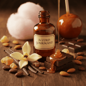 Sumptuous still life photography showing key ingredients of the gourmand facet in perfumery: split vanilla pods, tonka beans, benzoin resin, cocoa, and liquid caramel surrounding a perfume bottle on a wooden table.