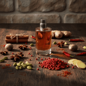 Photorealistic still life of a selection of fruits used in perfumery (peaches, blackcurrants, pears, passion fruit) arranged on a perfumer's wooden table around a bottle of essence labeled 'Fruity Accord', illustrating the diversity of fruity notes.
