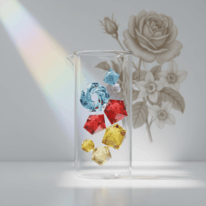 Conceptual photography of colorful molecular structures (Hedione, Calone, etc.) floating in a beaker, illustrating the innovation and abstraction of synthetic raw materials in perfumery.