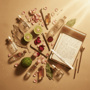 Künstlerische Ansicht eines Flat Lays, der die Rohstoffe eines Parfüms zeigt (Rose, Vanille, Patchouli), Fläschchen und Parfümeriebänder, goldenes Licht und harmonische Stimmung.