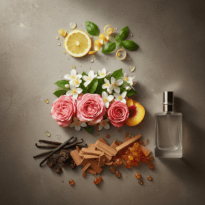 Artistic representation of the olfactory pyramid divided into three levels: fresh citrus for the top, blooming flowers for the heart, and deep woods for the base.