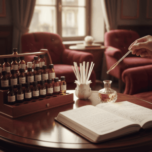 Close-up of a portable perfume organ with bottles of essences, blotters, and a formula notebook on a wooden table, illustrating the creation of a bespoke perfume in a private salon.