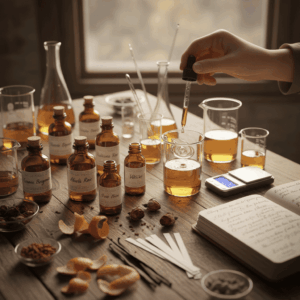 Close-up of an artisanal perfume creation workshop with essential oil bottles, pipettes, beakers, blotters, and natural raw materials on a wooden table.