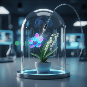 Scientific photography of a rare flower under a glass bell jar connected to a sensor, illustrating the Head Space technique to analyze the scent without cutting the plant.