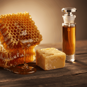 Macro photography of golden honeycombs and raw beeswax next to a perfume bottle, illustrating gourmand and animal notes.