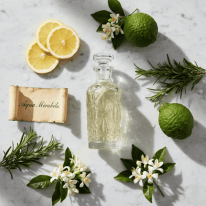 Luminous still life photography of an old-style Eau de Cologne bottle surrounded by citrus fruits (lemon, bergamot) and rosemary, illustrating the history of Aqua Mirabilis and its tonic freshness.