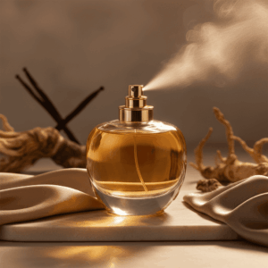Elegant photography of an Eau de Parfum bottle spraying a cloud of fragrance, illustrating its concentration and ability to create a long-lasting sillage.