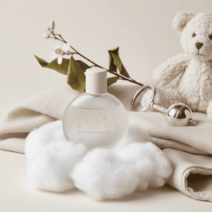 Soft and luminous photography of an eau de senteur bottle placed on cotton and cashmere fabric, surrounded by orange blossoms, illustrating safe perfumery for toddlers.