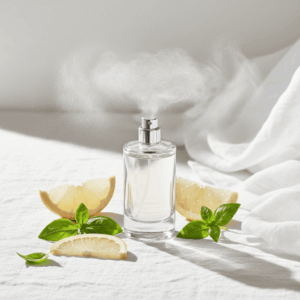 Bright photography of an Eau de Toilette bottle spraying a large cloud of fresh mist into the air, illustrating its rapid diffusion and low concentration compared to Eau de Parfum.