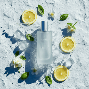 Luminous and dynamic photography of an Eau Fraîche bottle surrounded by splashes of water, ice cubes, and citrus fruits, illustrating the sparkle of this summer perfume.