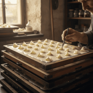 Close-up of wooden cold enfleurage frames with tuberose flowers placed on fat, illustrating the traditional method of Grasse.
