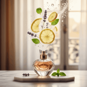 Artistic and luminous photography showing fresh ingredients (citrus, aromatic herbs) escaping from a bottle, illustrating the volatile freshness of top notes in the olfactory pyramid.