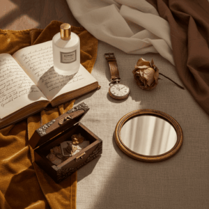Stimmungs-Foto, das verschiedene Lebensphasen anhand symbolischer Objekte darstellt: Parfümflakon, antike Uhr, verwelkte Rose, aufgeschlagenes Buch, Erinnerungsbox und Spiegel. Goldenes Licht, warme Töne und raffinierte Komposition, die die Schönheit des Parfüms in jedem Alter hervorheben.