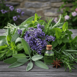 Still life photography of lavender, mint, rosemary, and star anise with an essential oil bottle, illustrating the aromatic and fougère olfactory family.