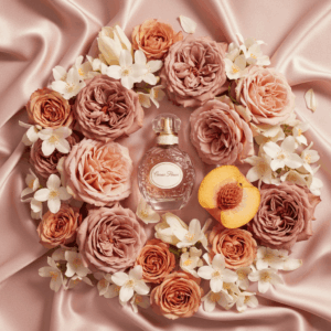 Artistic photography of heart note raw materials (rose, jasmine, peach) arranged on a silky fabric, illustrating the body, voluptuousness, and floral signature of the perfume in the olfactory pyramid.