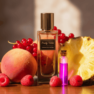 Colorful still life photography of fresh fruits (peach, red berries, pineapple) and a laboratory flask, illustrating natural and synthetic fruity notes in perfumery.
