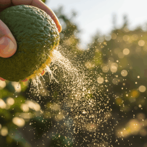 Makrofotografie einer Bergamottenschale, die ihr ätherisches Öl freisetzt, und die Technik der Kaltpressung (Expression) für Zitrusfrüchte illustriert.