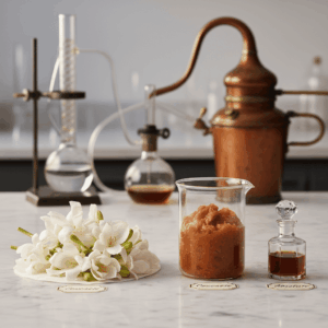 Photographie didactique montrant les étapes de l'extraction par solvants : fleurs fraîches, concrète cireuse et absolu liquide dans un laboratoire de parfumeur.