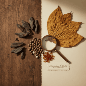 Still life herbarium style photography showing oud wood chips, dried tobacco leaves, and ambrette seeds on a perfumer's table, illustrating the diversity of plant materials.
