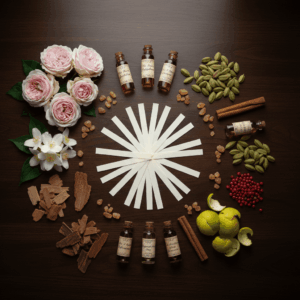 Artistic photography gathering the perfumer's olfactory families: flowers, woods, spices, fruits, and bottles of essences on a work table.