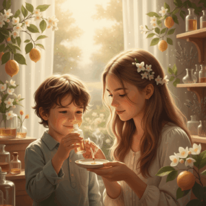 Jugendlicher und Kind entdecken die Welt der Düfte, illustriert die Wahl des ersten Parfüms.