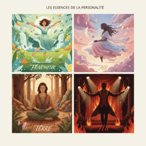 Illustration der vier olfaktorischen Persönlichkeiten: Frische (fröhliche Frau in der Natur), Luft (sanfte Silhouette in Pastell), Erde (ruhige Person in einem warmen Waldambiente), Feuer (charismatische Figur in einem kontrastreichen, theatralischen Umfeld).