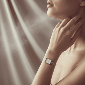 Elegant wrist and neck pulse points, illustrating the application of a Delacourte Paris perfume on the skin.