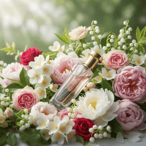 Perfume bottle surrounded by fresh flowers: jasmine, rose, peony and lily of the valley