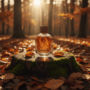 Parfümflakon in einem Herbstwald mit kupferfarbenen Blättern, der die holzige Facette in der Parfümerie illustriert