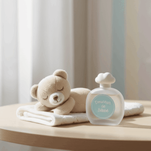 Baby perfume bottle next to a cuddly toy, soft and natural atmosphere