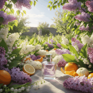 Spring fragrance on a background of fresh flowers and natural light, illustrating olfactory renewal.