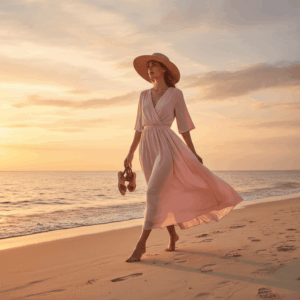 Femme élégante marchant sur la plage au coucher du soleil, en robe pastel, évoquant la douceur et la sensualité des parfums d'été.