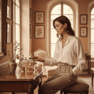 Elegant woman choosing a perfume at her dressing table, illustrating the alignment between style and fragrance.