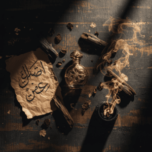 Stimmungsvolle Fotografie mit Oud-Holzspänen, einem edlen Parfümflakon, kalligrafiertem Pergament und Weihrauchschwaden. Warmes, goldenes Licht auf hölzernem oder marmoriertem Hintergrund – symbolisiert Reichtum, Spiritualität und Mysterium dieses seltenen Rohstoffs.