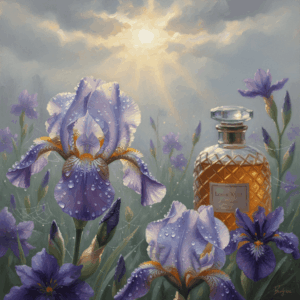 Iris and violet flowers covered in raindrops with a vintage Guerlain bottle in the background.